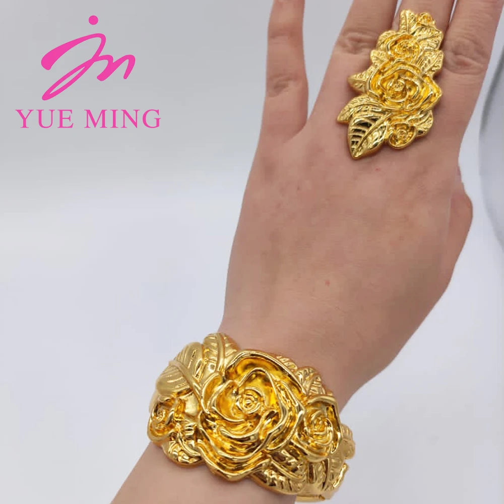 18K Gold Color Cuff Flower Bangle Ring For Women Moroccan France Dubai Luxury Copper Bracelet Jewelry Nigerian Party Wedding Gif