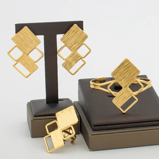 Earrings and Bangle Ring Jewelry Set for Party African 18k Gold Color Earrings Finger Ring Weddings Bridal Jewelry Accessories