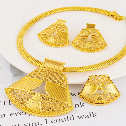 Dubai Elegant Ladies Geometric Fan-Shaped Gold-Plated Earrings Necklace Set Clavicle Chain Ear Hook for Women Holiday Gift