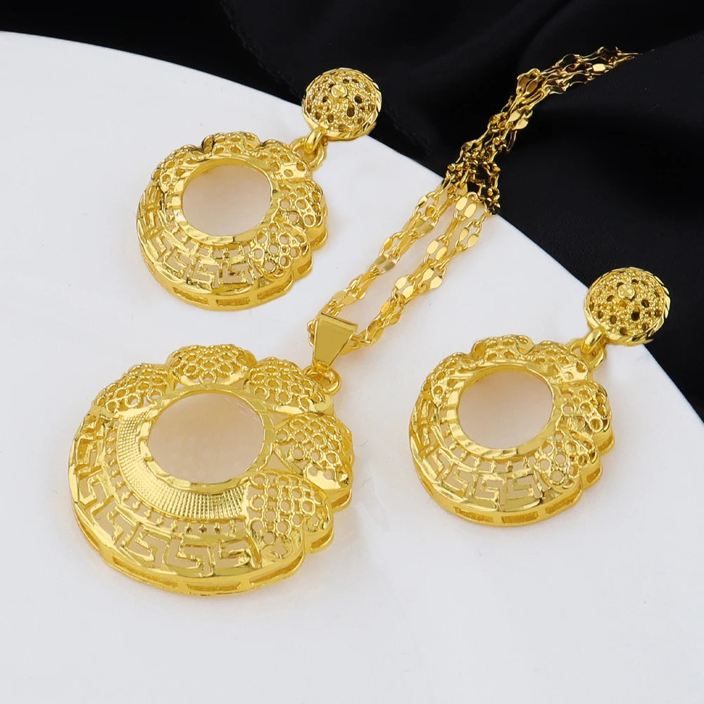 Dubai Gold Plated Luxury Noble Necklace Charms Earrings for Women Double Chain Jewelry Set for Party Wedding Christmas Gift