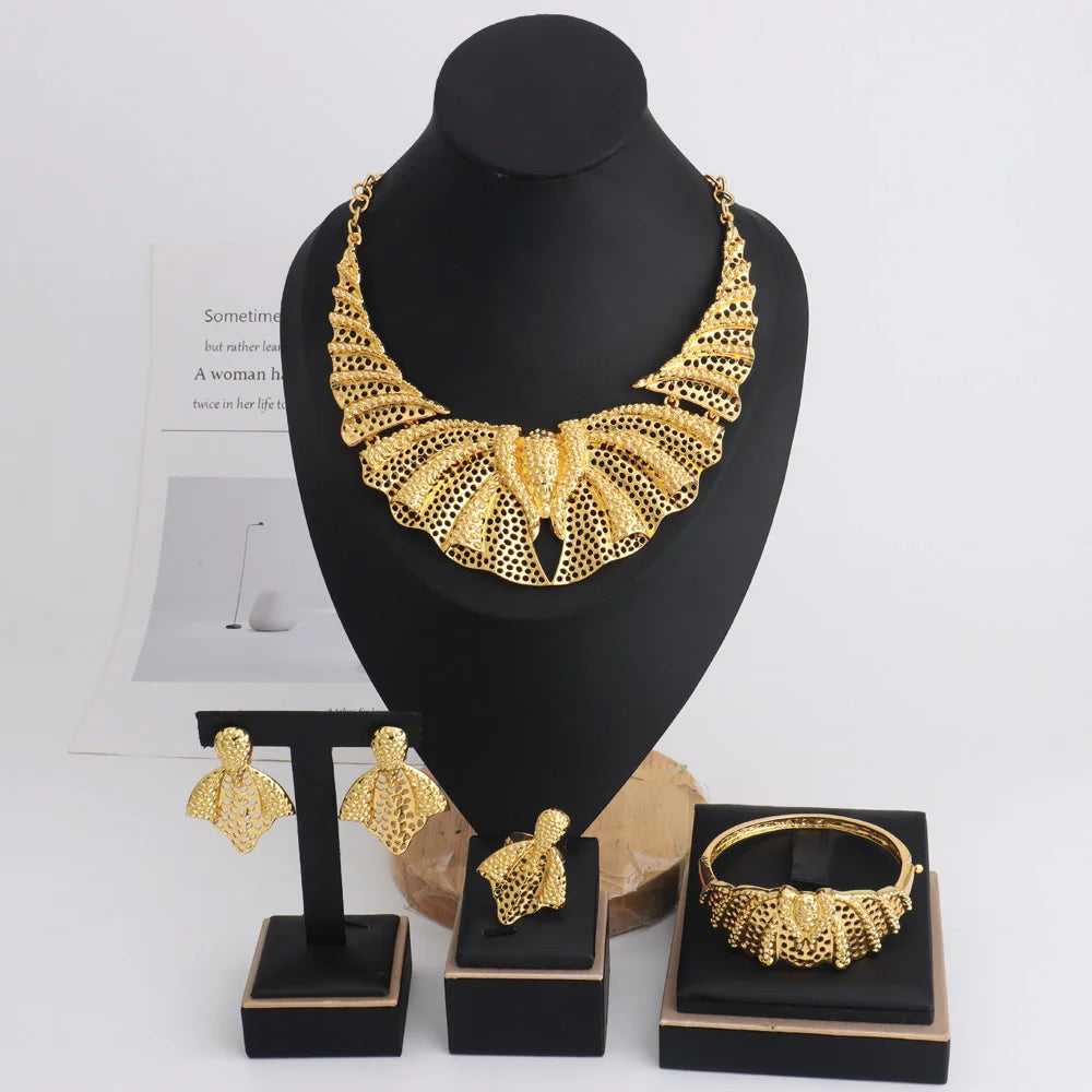 18k Gold Plated Inspired Women Jewelry Necklace Earrings Bracelet Rings Set for Nigeria Lagos Fashion Exotic Skin Friendly
