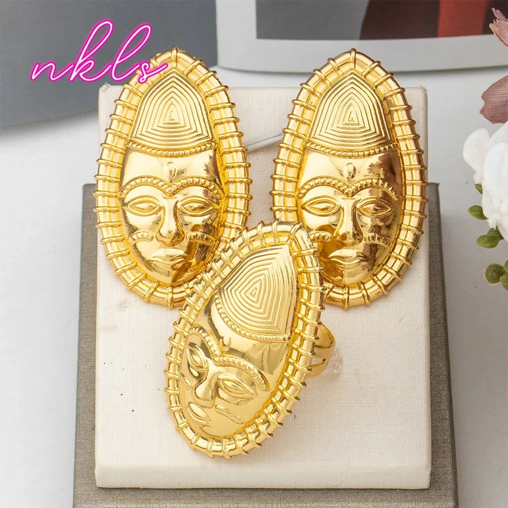 Nigeria Women Earrings and Ring 2Pcs Jewelry 4Set for Ethiopia Party Weddings Finger Ring for Daily Wear Easter Dress up