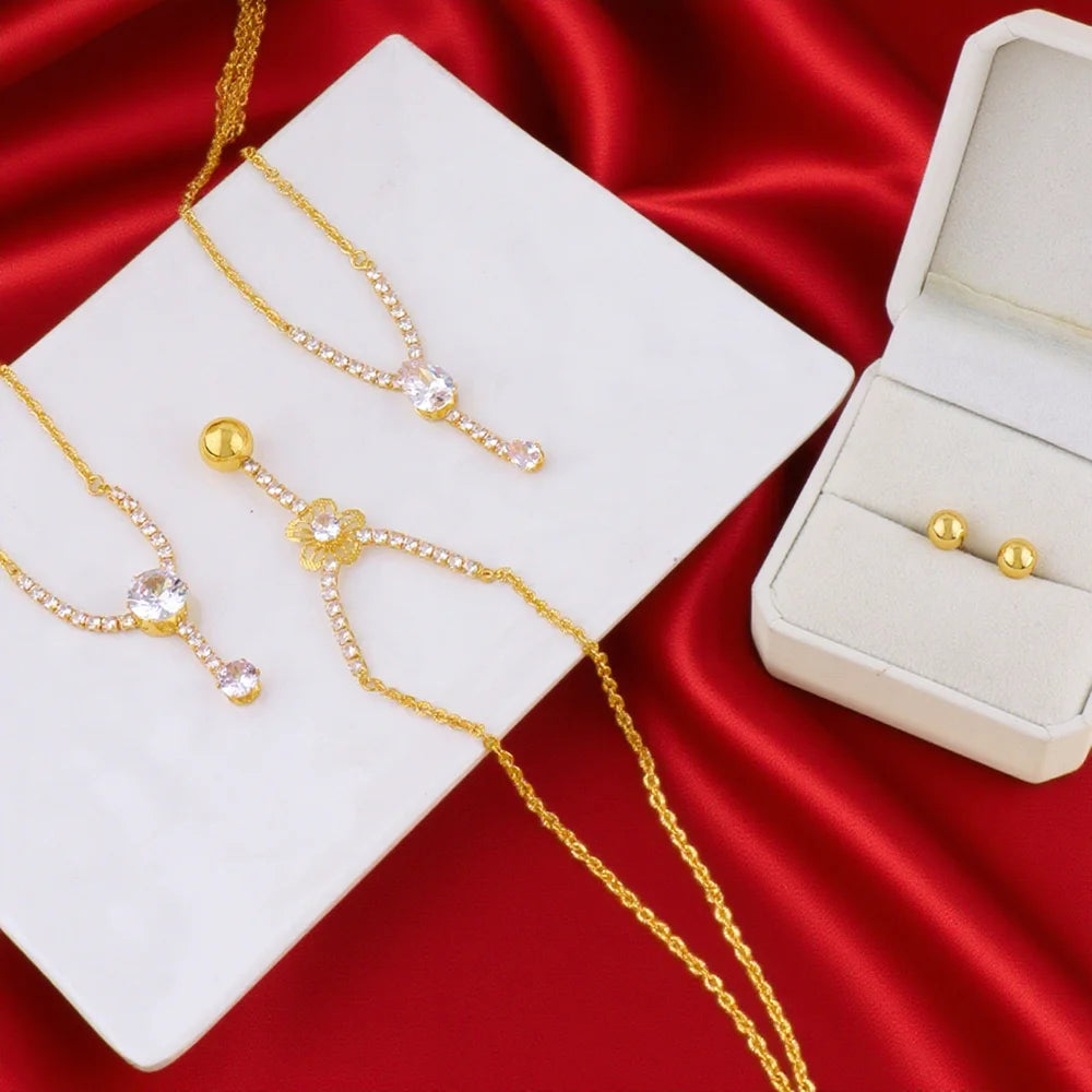 Full of Rhinestones 18K Gold Plated Stainless Steel Earrings Necklace New Trendy Zircon Jewelry Simple Wedding Jewelry