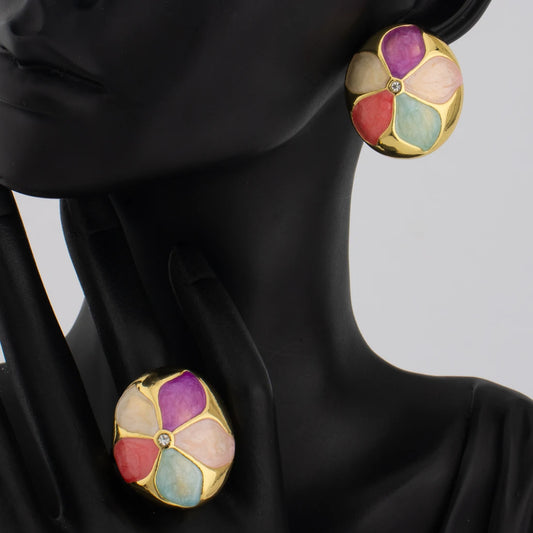 French Color Block Combination Earrings Ring Fashionable Vintage Jewelry  Women's  Drip Oil Ring Simple Temperament Gift