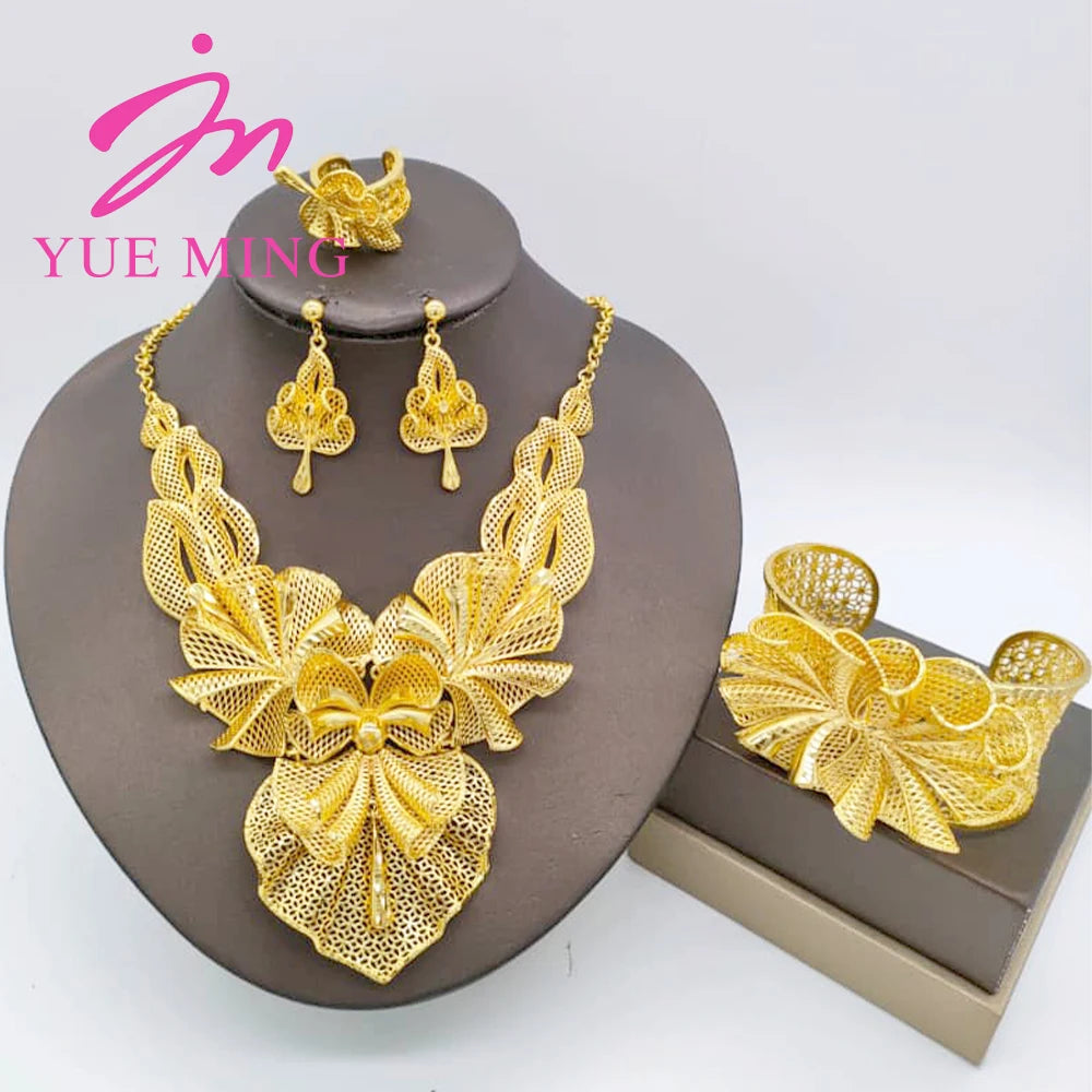 YM Gold Plated Jewelry Set for Women Copper Necklace Earrings Dubai African Party Bridal Wedding Gifts Arabic Cuff Bangles Rings