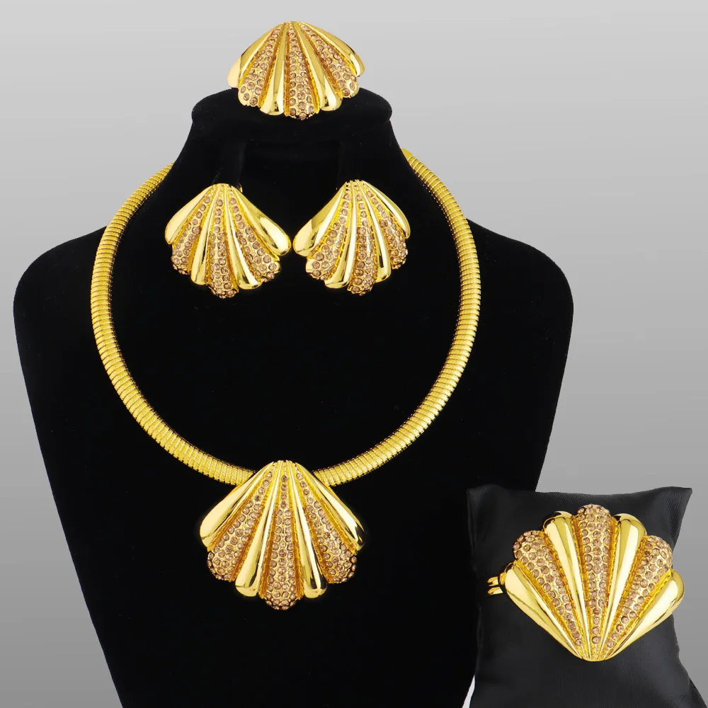 Conjunto de 4 joyas con forma de estrella de mar, pendientes, colgante, collar y pulsera, bañadas en oro de Dubái, joyería de lujo nigeriana italiana.
