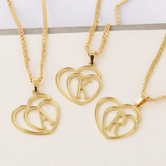 Women Gold Color Initial Alphabet Heart Pendant Charm Jewelry Stainless Steel Necklace Simple Clothing Accessories Party Gift