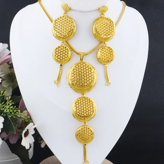 Dubai Stainless Steel Round Jewelry Set for Women Indian Bridal Costume Gold Plated Necklace Earrings Set For Wedding Party Gift