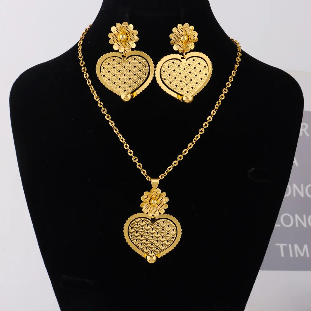 France Gold Color Women Necklace and Earrings Trend America Heart Hollow Out Jewelry Set Gift For Party Wedding Daily Accessorie