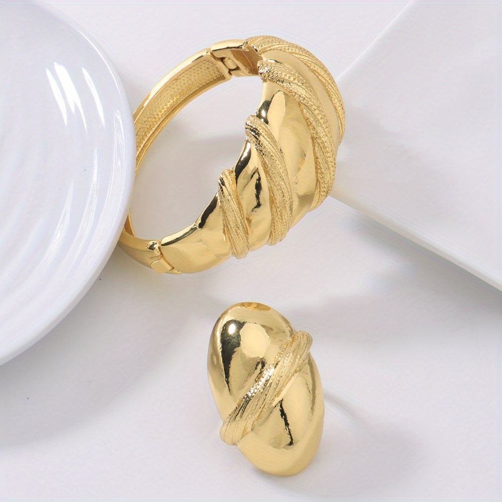 2pcs 24k Golden Plated Chunky Women's Copper Alloy Bracelet Ring Set, Perfect for Wedding Wear/Mother's Day/Valentine's Day/Gift Giving/Gift for Mother/Elegant/Middle Eastern Gift/African Congolese Fashion, Old Money Style