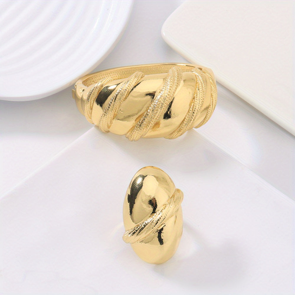 2pcs 24k Golden Plated Chunky Women's Copper Alloy Bracelet Ring Set, Perfect for Wedding Wear/Mother's Day/Valentine's Day/Gift Giving/Gift for Mother/Elegant/Middle Eastern Gift/African Congolese Fashion, Old Money Style