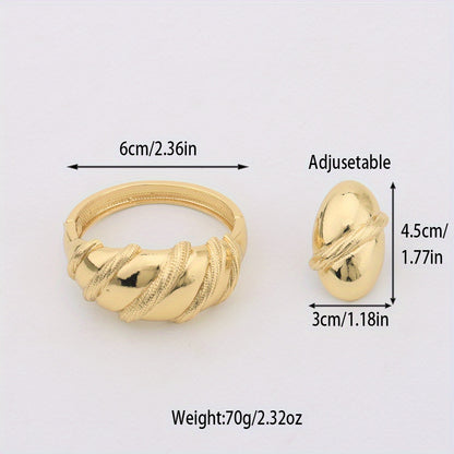 2pcs 24k Golden Plated Chunky Women's Copper Alloy Bracelet Ring Set, Perfect for Wedding Wear/Mother's Day/Valentine's Day/Gift Giving/Gift for Mother/Elegant/Middle Eastern Gift/African Congolese Fashion, Old Money Style