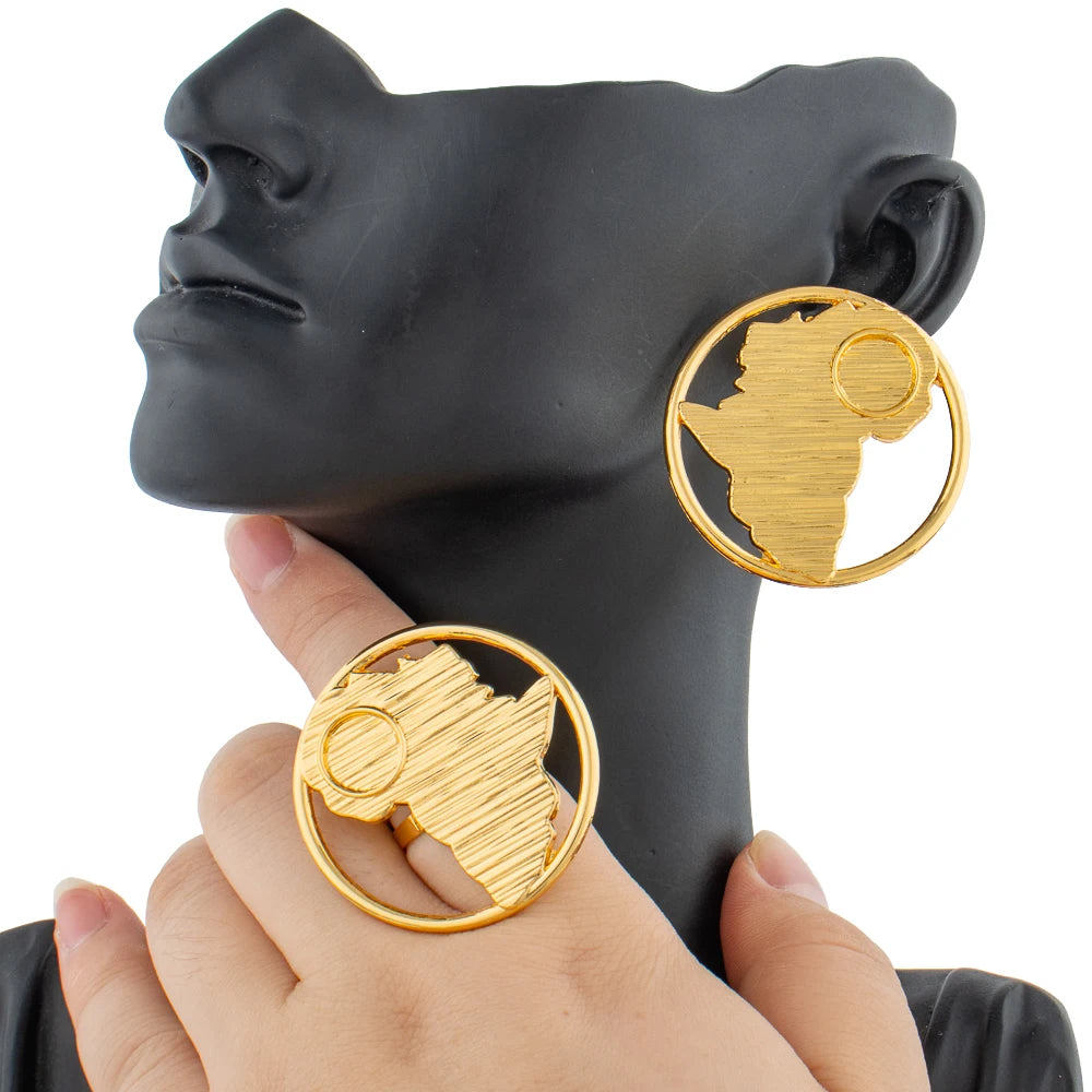 New Design Earrings and Ring Jewelry Set for Ladies African Gold Color Clip Earrings Finger Ring Set for Weddings Bride Jewelry