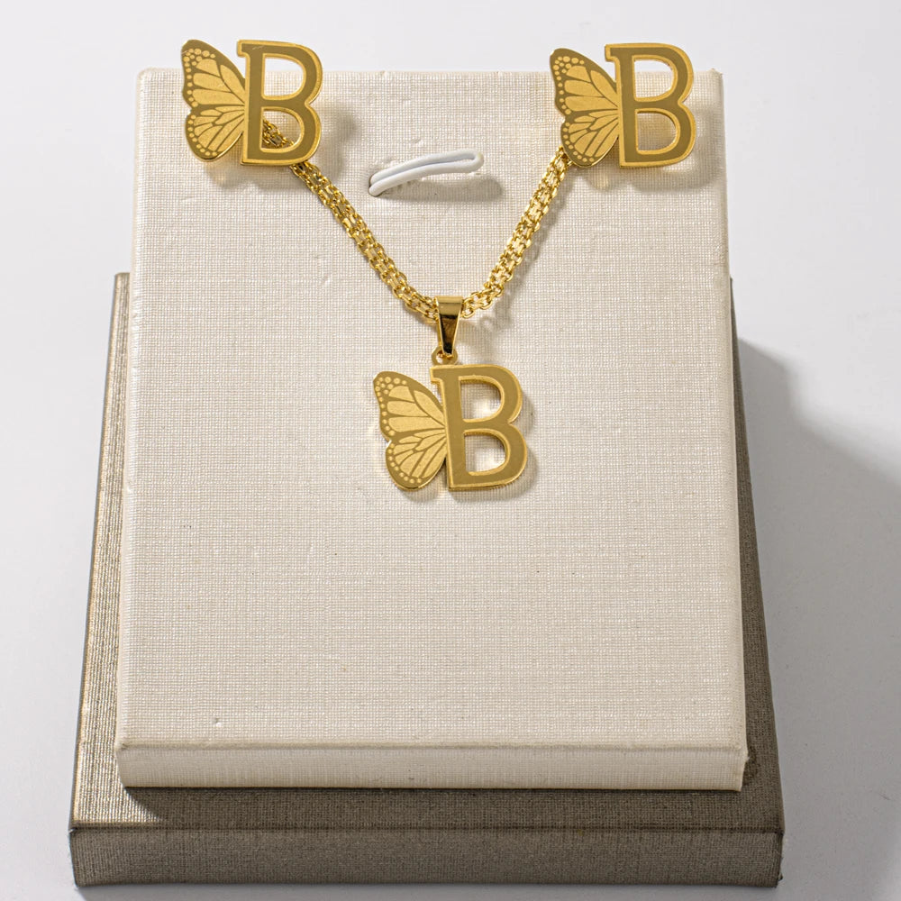Dainty Butterfly Letters Earring necklace Stainless Steel Jewelry Set For italian Girl Wedding Summer Jewelry Gift