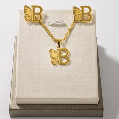 Dainty Butterfly Letters Earring necklace Stainless Steel Jewelry Set For italian Girl Wedding Summer Jewelry Gift