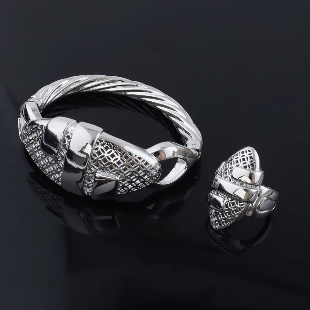 Women Charm Bracelet 18k Gold Color Bracelet Rings Jewelry For Women Wedding Jewelry African Party Gift Nigerian Jewellery