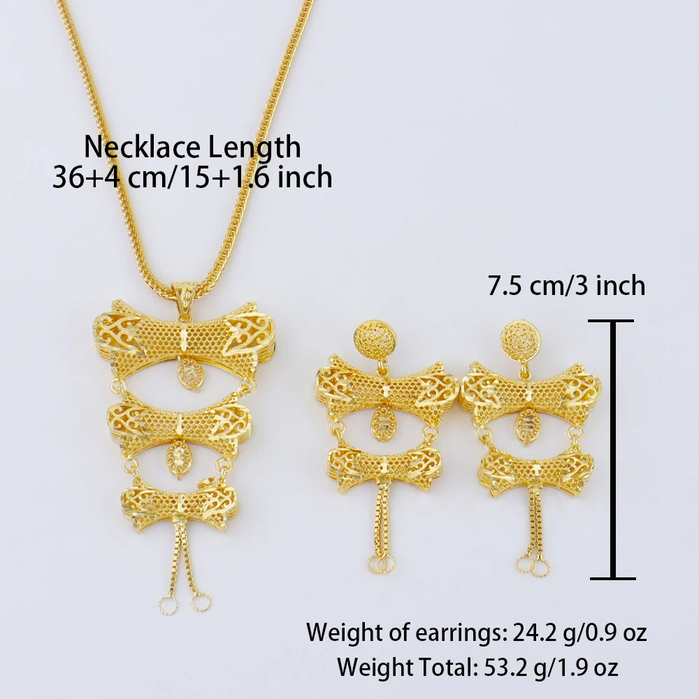 Dubai Gold Color Jewelry Set For Woman Bridal Nigerian African 24K Gold Color Necklace Earrings Jewellery Set Party Gift