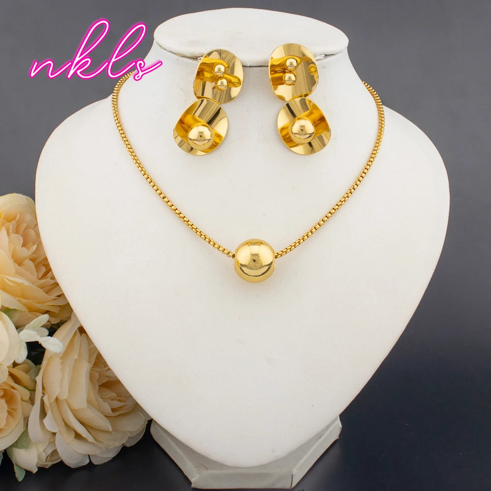 Tone Round Bead Necklace & Clip Earring Set for Women, Minimalist Jewelry Sets for Daily Banquet Chic Gift