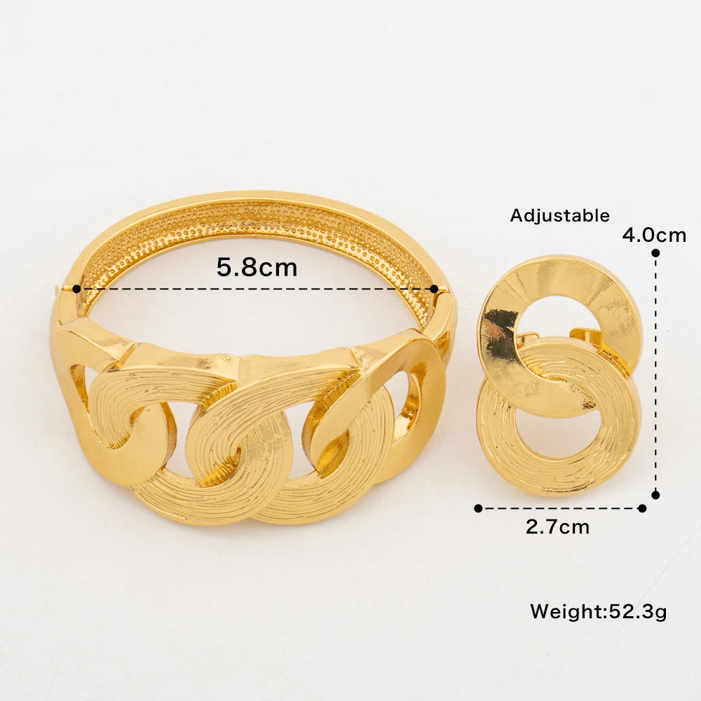 African Gold Color Bangle with Ring Jewelry Set for Party Hollow Out Design Hand Bracelet Cocktail Ring 2Pcs Set for Engagement