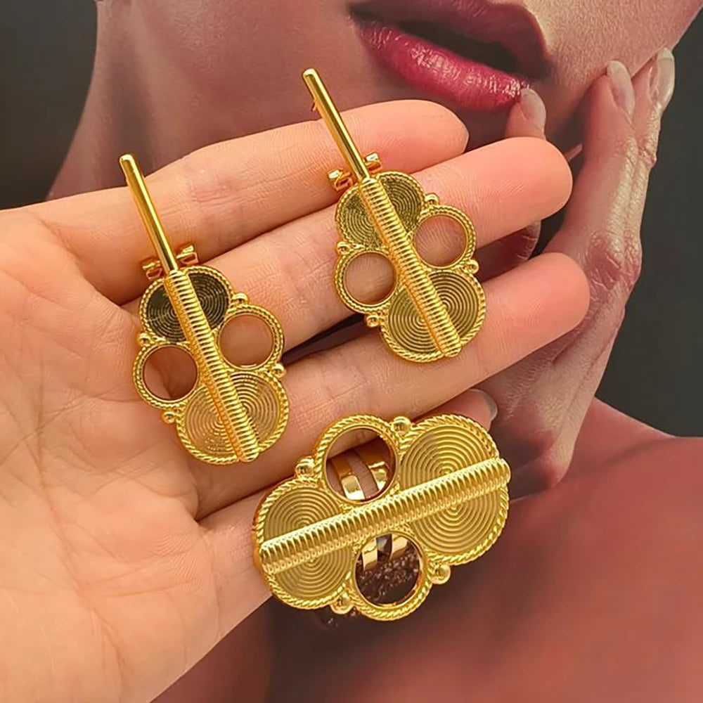 African Gold Color Jewelry Set for Party Hollow Out Design Hook Earrings and Finger Ring 2Pcs Set for Nigerian Jewelry Accessory