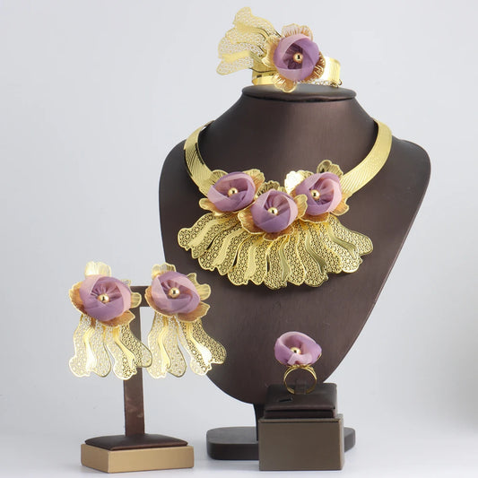 Dubai Gold Plated Women's Jewelry Set Big Flower Necklace Bracelet Ring Set Gold Color Luxury Necklace Earrings Jewelry Party