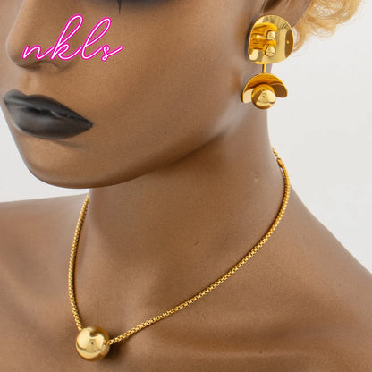Tone Round Bead Necklace & Clip Earring Set for Women, Minimalist Jewelry Sets for Daily Banquet Chic Gift