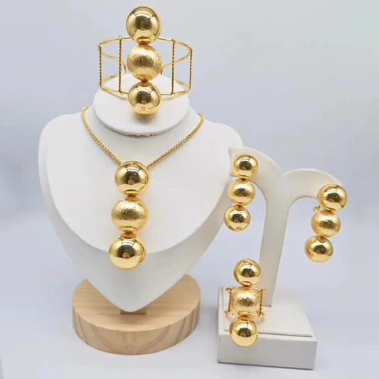 Dubai Beads Design Jewelry Set for Women 18k Gold Plated Earrings and Pendant Necklace with Bangle Ring Set for Weddings Bride