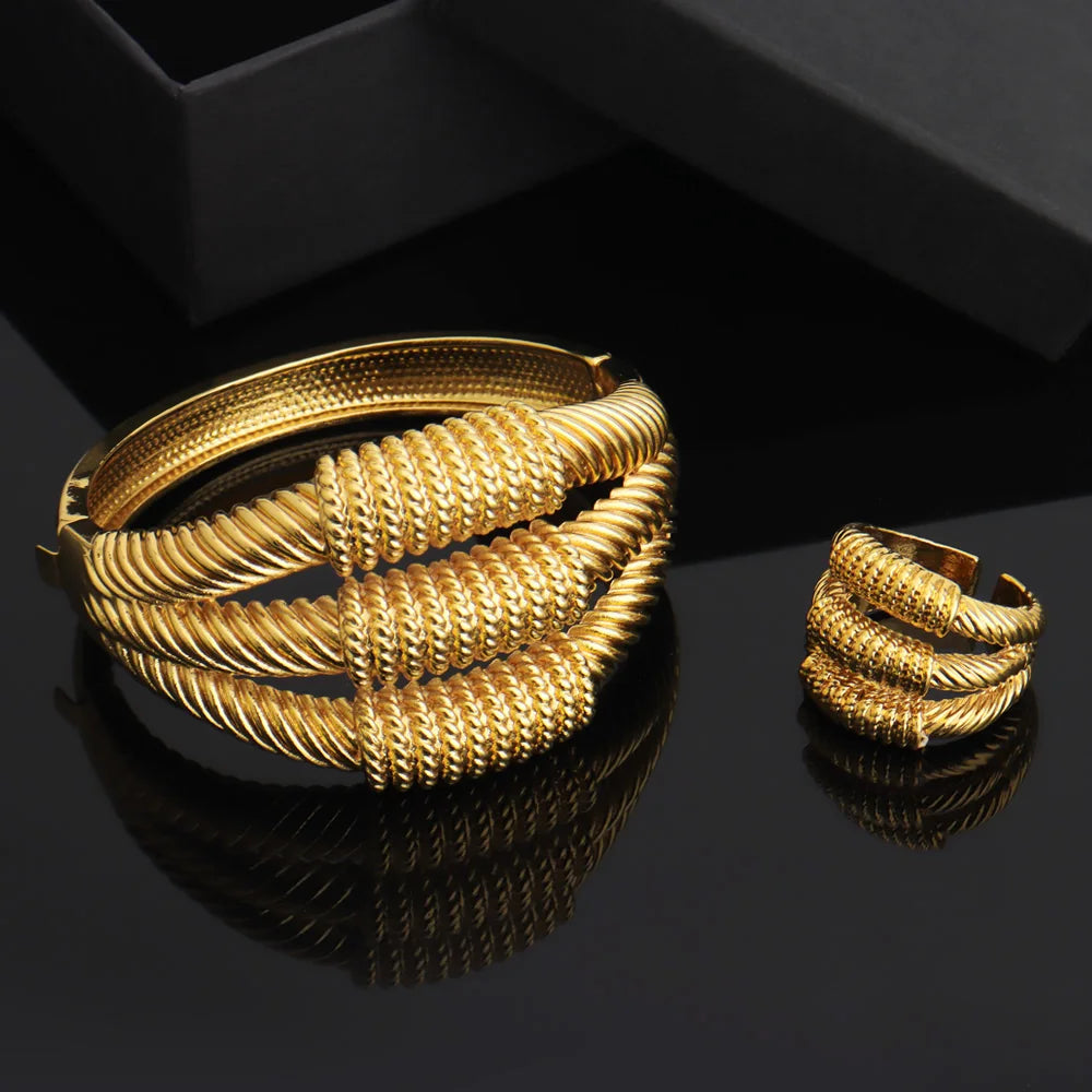 Luxury Noble Jewelry Set for Women – Hollow Carved Bangle Ring Earrings Gift for Party Wedding