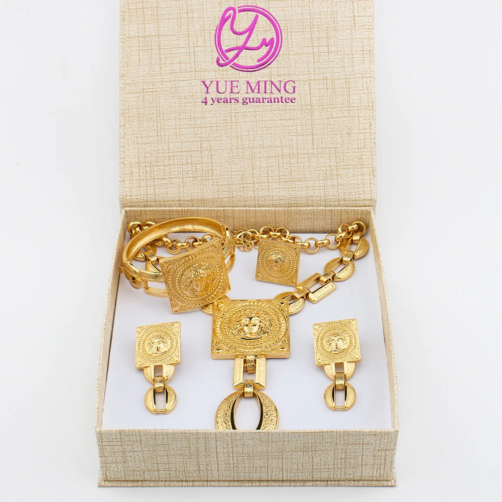 Dubai Gold Plated Jewelry Set with Gift Box Ladies Fashion Copper Necklace Bracelet Earrings Ring Jewelry for Women Holiday Gift - YUEMING JEWELRY