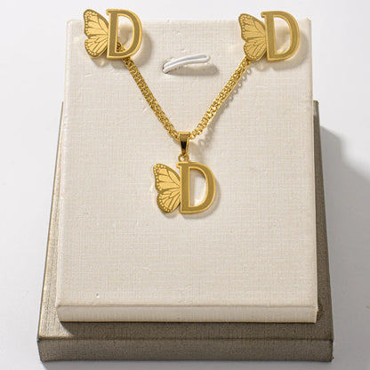 Dainty Butterfly Letters Earring necklace Stainless Steel Jewelry Set For italian Girl Wedding Summer Jewelry Gift