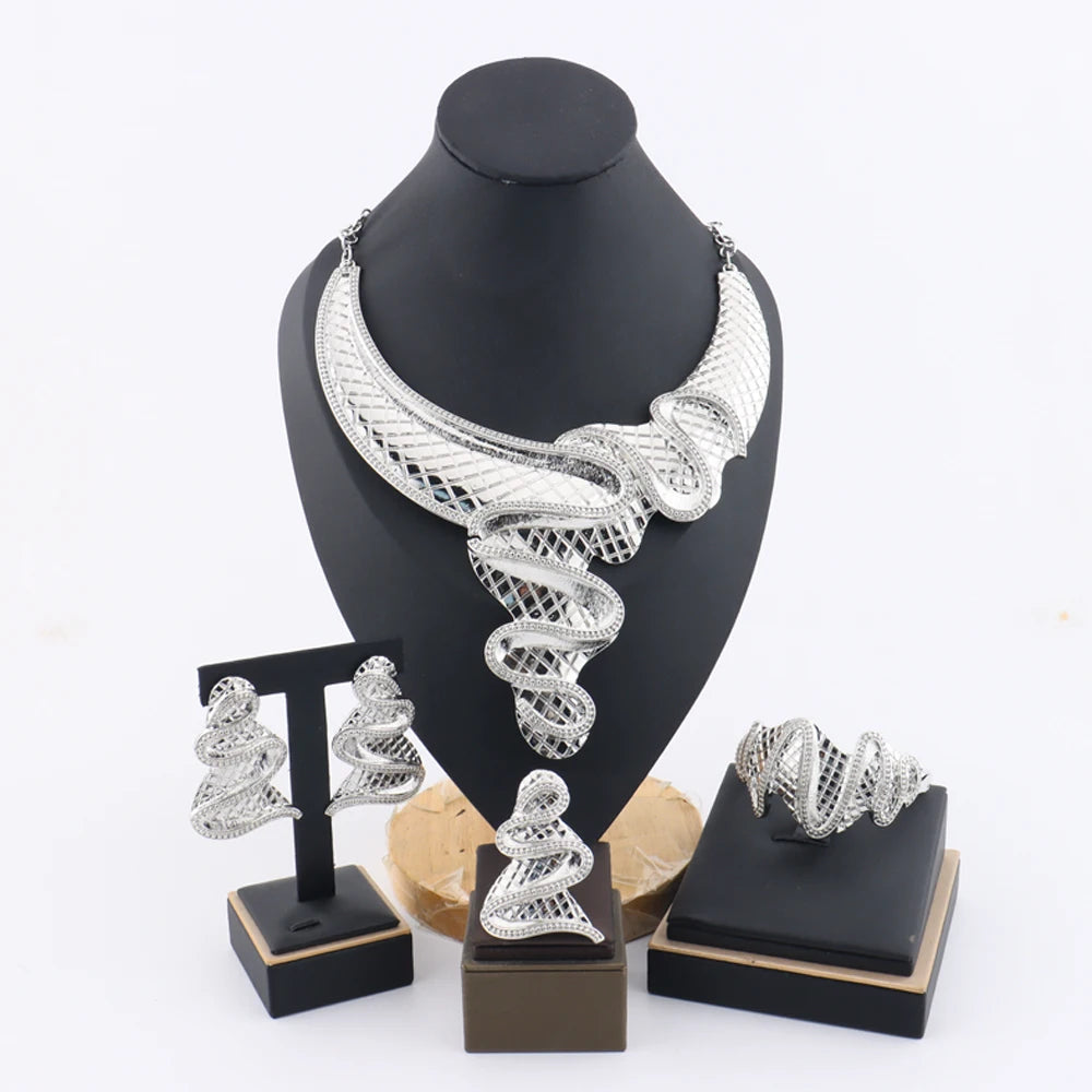 African Fashion Earrings Necklace Ring Bracelet Jewelry Set for Women Luxury Gold Color unique Design Italy Wedding Gift