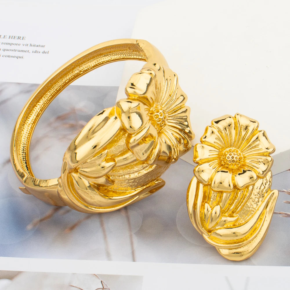 Gold Plated Bangle and Ring Set Fashion Romantic Rose Design Hollow Bracelet 18k Gold Color Jewelry Accessorie for Weddings