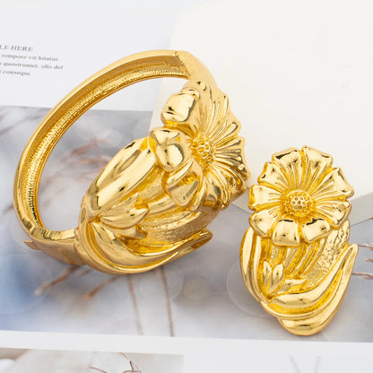 Gold Plated Bangle and Ring Set Fashion Romantic Rose Design Hollow Bracelet 18k Gold Color Jewelry Accessorie for Weddings
