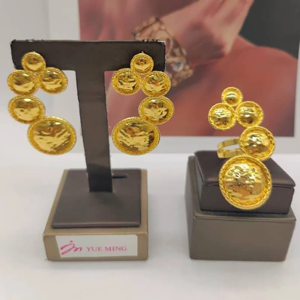 Gold Color Earrings Jewelry Set for Women African Bride 18k Gold Plated Copper Hollow Out Earrings Finger Ring Set for Weddings