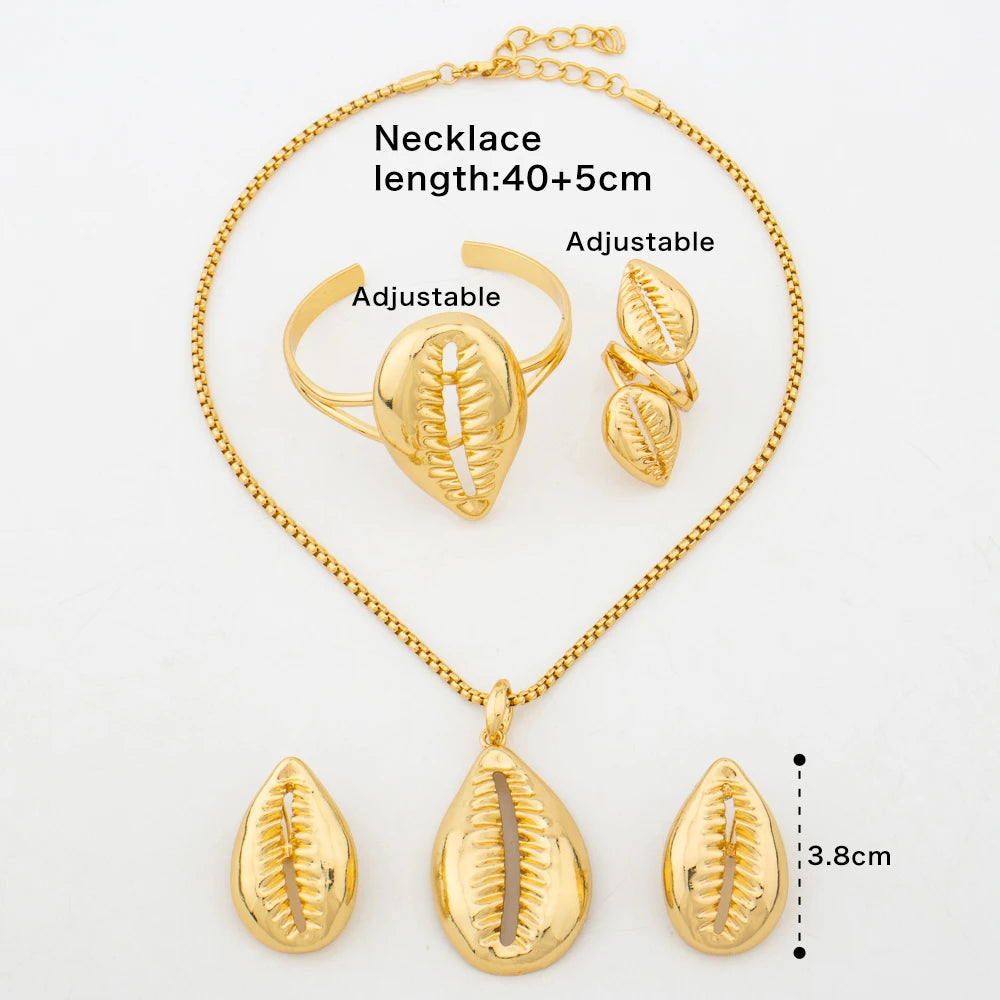 18K Gold Plated Jewelry Set Copper Women African Shell Shape Design Earrings Pendant Bracelet Ring Dubai Arab Turkis Jewelry