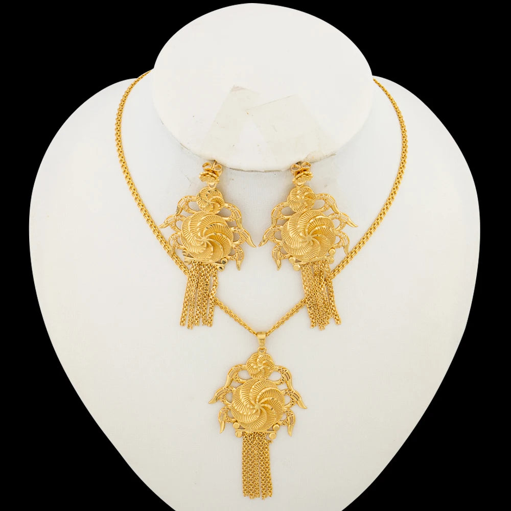 Italian Earrings and Necklace Jewelry Set for Women Gold Color Drop Earrings and Pendant African Chain Necklace Jewelry Set Gift