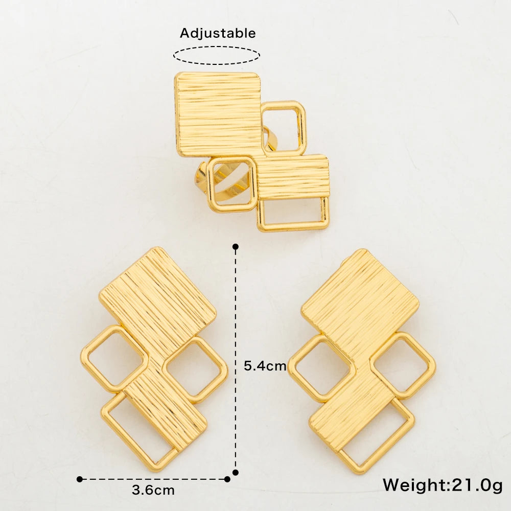18k Gold Color Earrings with Ring Jewelry Set for Bridal African Clip Earrings and Finger Ring 2Pcs Set for Engagement Jewellery