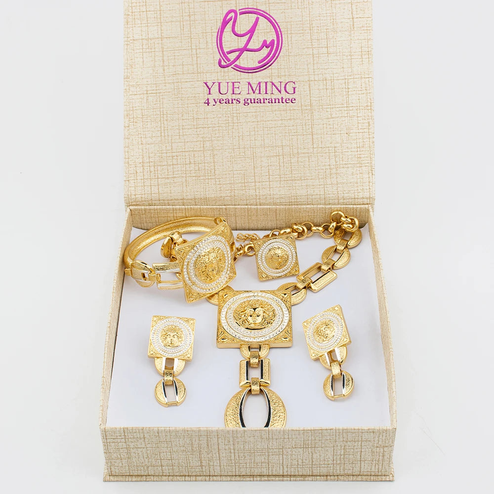 Dubai Gold Plated Jewelry Set with Gift Box Ladies Fashion Copper Necklace Bracelet Earrings Ring Jewelry for Women Holiday Gift - YUEMING JEWELRY