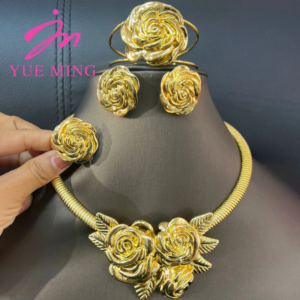 YM Flower Shape Jewelry Set For Women 18k Gold Plated Necklace Ring Bracelet Bridal Earring Luxurious Copper Dubai Party Wedding - YUEMING JEWELRY