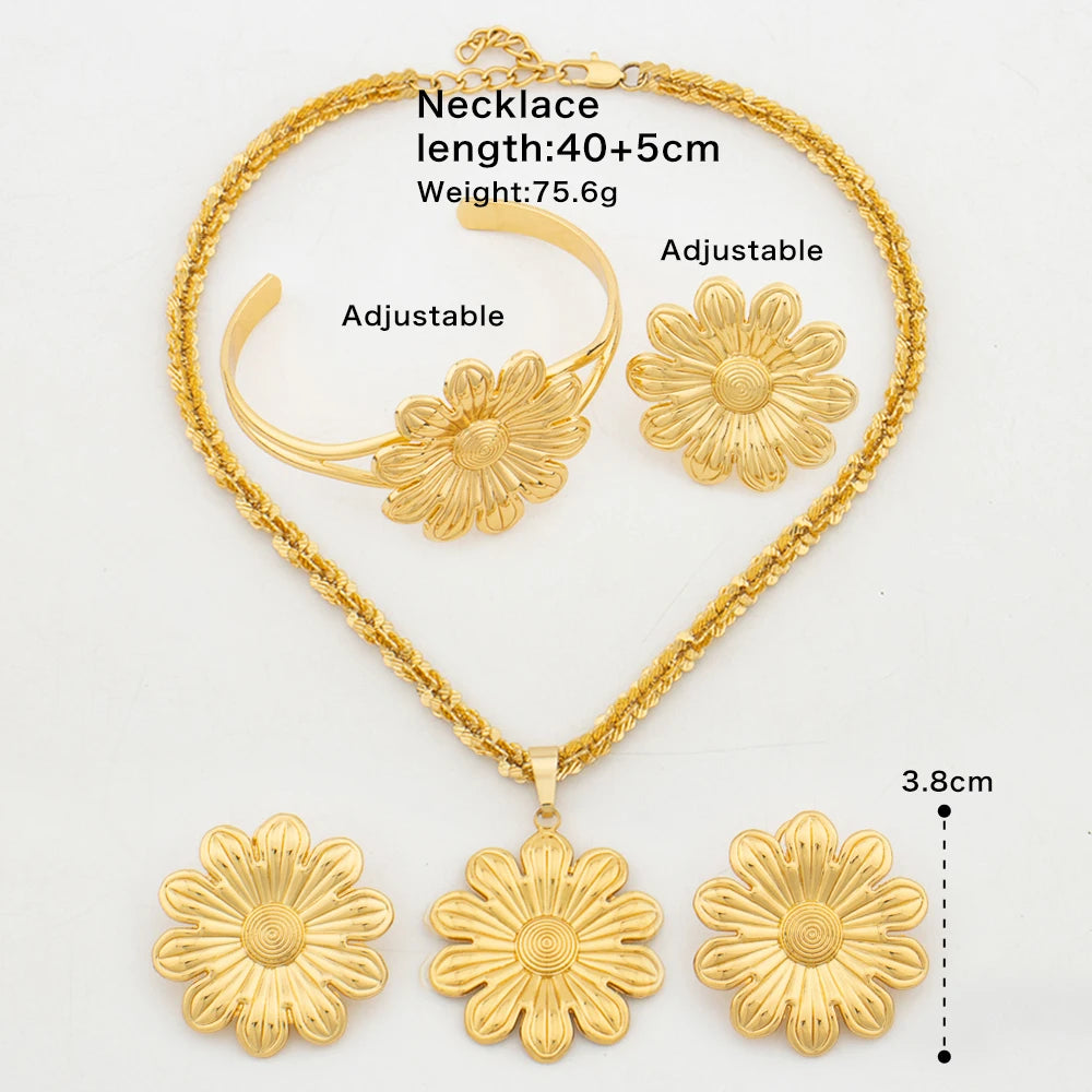 Women's Fashion Earrings Necklace Flower Shape 18K Gold Plated Jewelry Set French Ins Bracelet Ring Romantic Jewelry Party Gifts