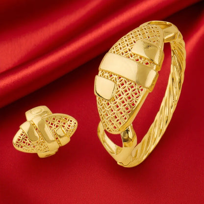 Women Charm Bracelet 18k Gold Color Bracelet Rings Jewelry For Women Wedding Jewelry African Party Gift Nigerian Jewellery
