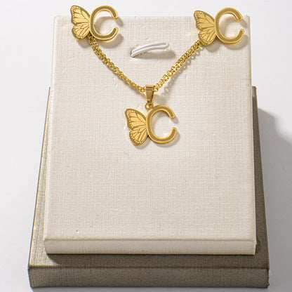 Dainty Butterfly Letters Earring necklace Stainless Steel Jewelry Set For italian Girl Wedding Summer Jewelry Gift