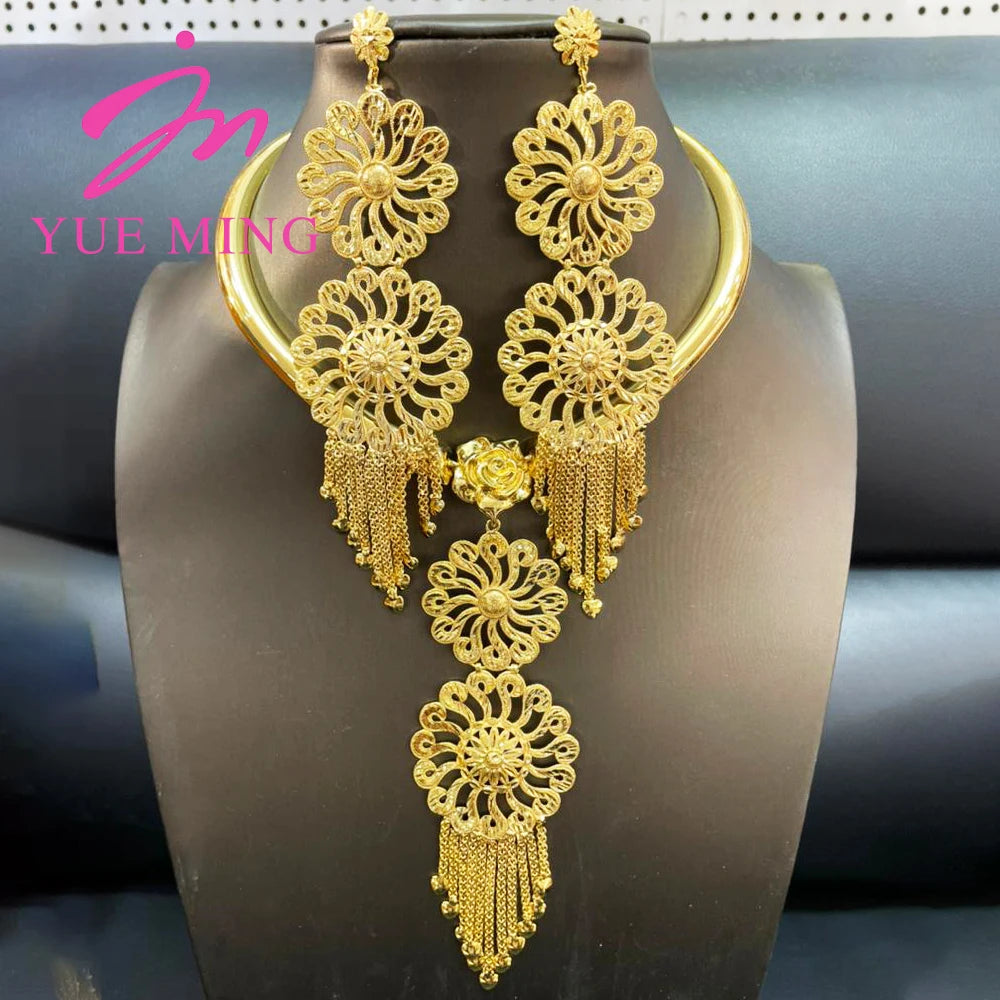 YM Jewelry Set for Woman Dubai 18k Gold Color Large Drop Earrings Pendant Necklace Banquet Wedding Party Accessories Daily Wear - YUEMING JEWELRY