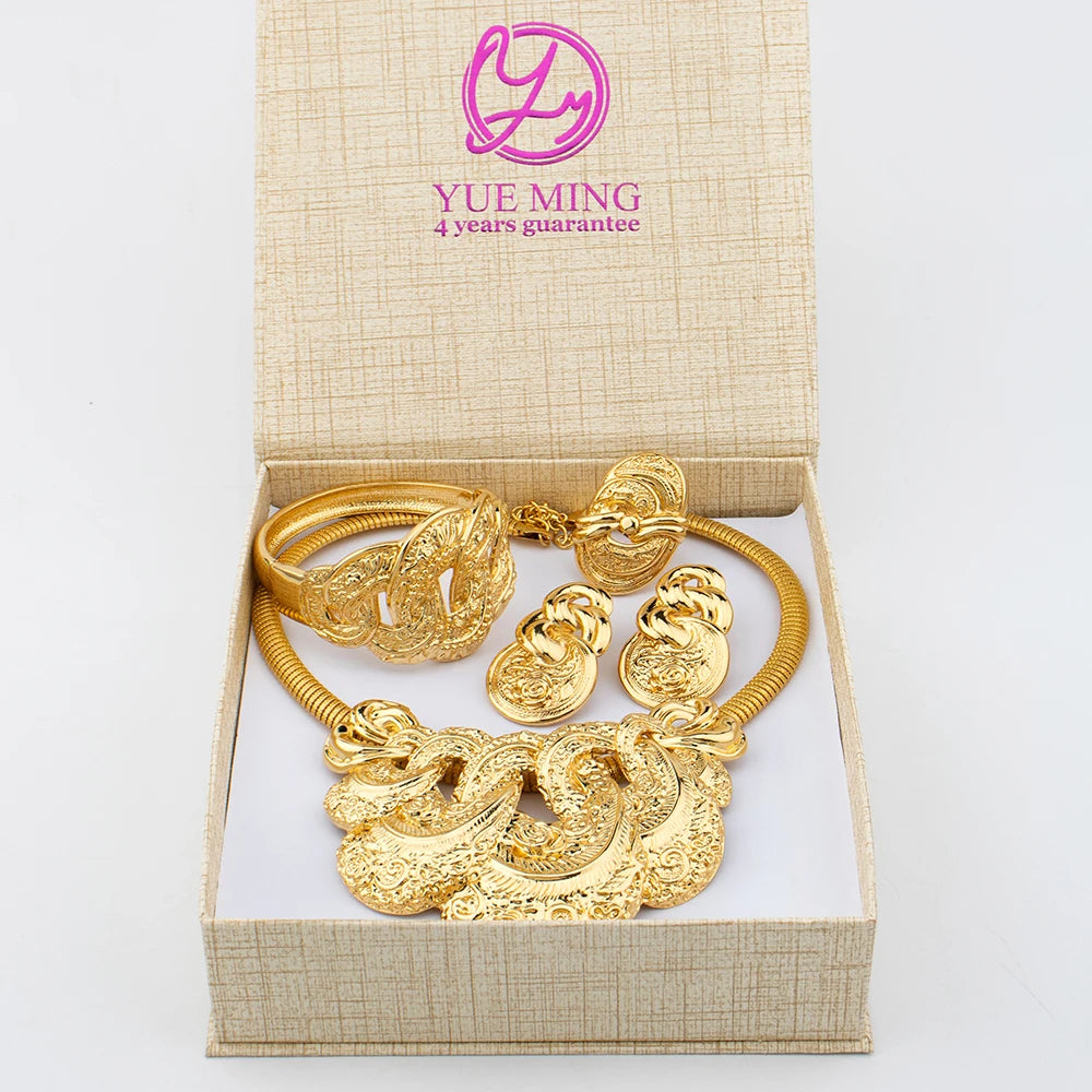 Dubai Gold Plated Jewelry Set with Gift Box Ladies Fashion Copper Necklace Bracelet Earrings Ring Jewelry for Women Holiday Gift - YUEMING JEWELRY