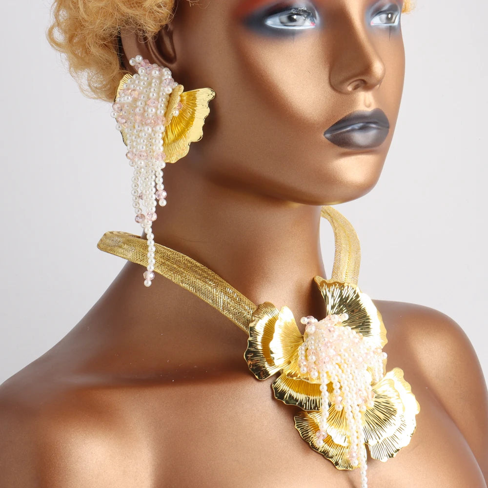 Pearl Pendant & Big Earrings Jewelry Set for Women, Nigeria Wedding Party Gift, Fashion Bangle Ring Earring Set Jewelle