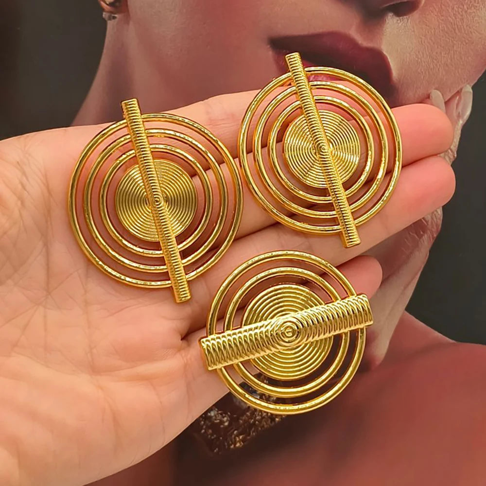 African Gold Color Jewelry Set for Party Hollow Out Design Hook Earrings and Finger Ring 2Pcs Set for Nigerian Jewelry Accessory