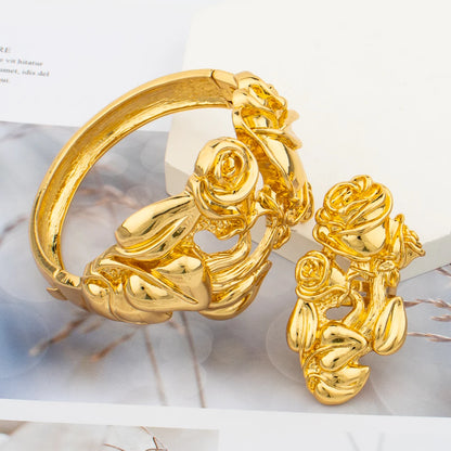 Gold Plated Bangle and Ring Set Fashion Romantic Rose Design Hollow Bracelet 18k Gold Color Jewelry Accessorie for Weddings