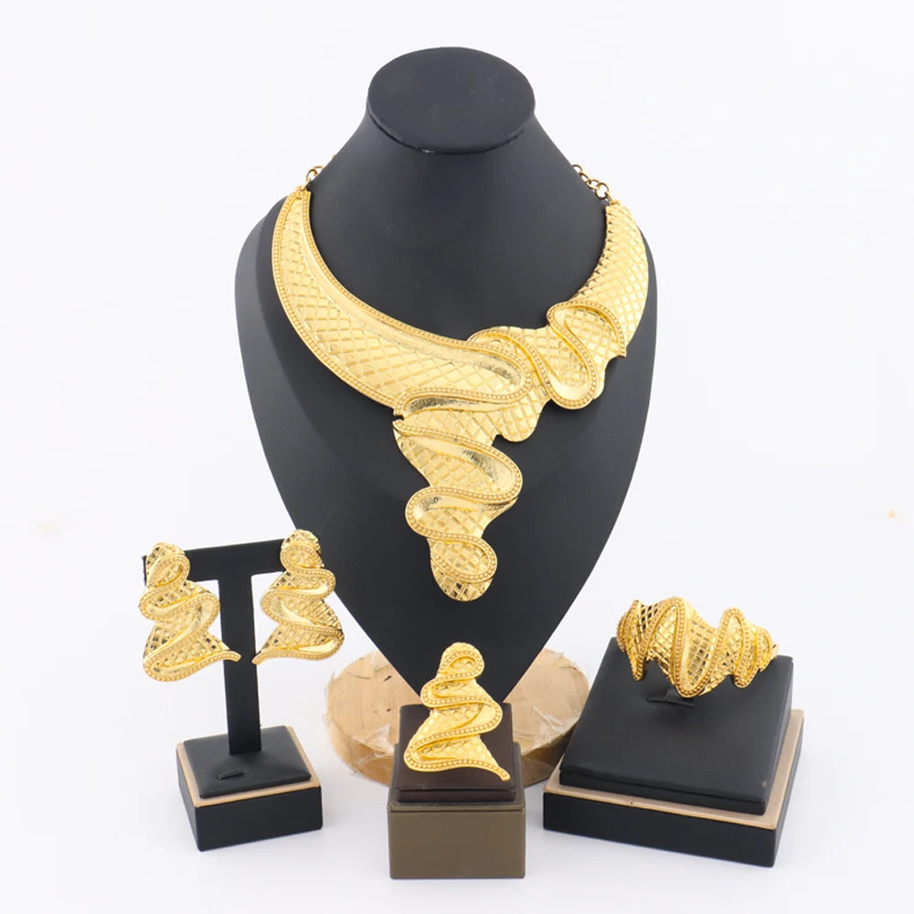 African Fashion Earrings Necklace Ring Bracelet Jewelry Set for Women Luxury Gold Color unique Design Italy Wedding Gift