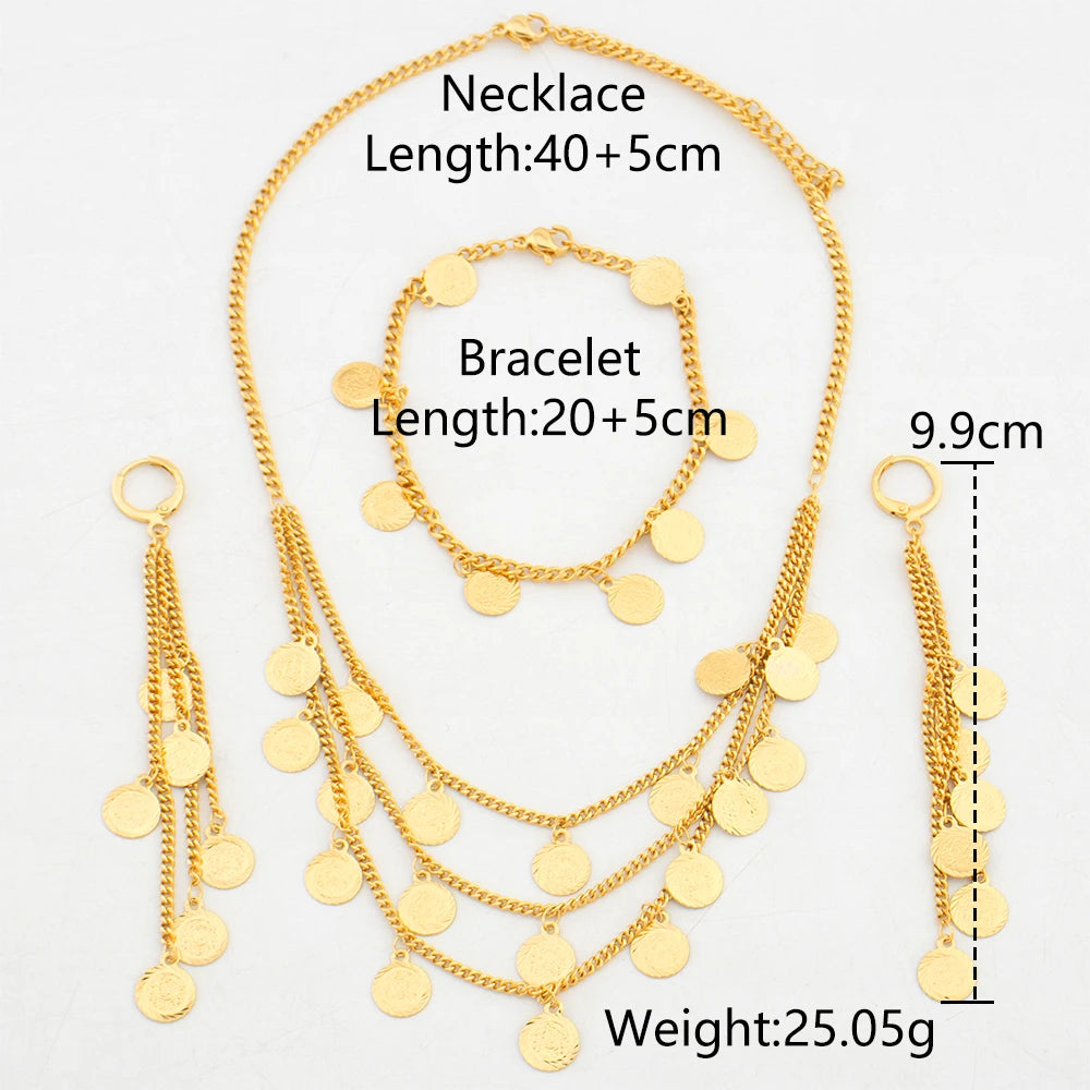 Fashion Bride Jewelry Set Indian Luxury Gold Color Necklace Tassel Earrings with Bracelet Set Dubai Classic Jewellery Party Gift