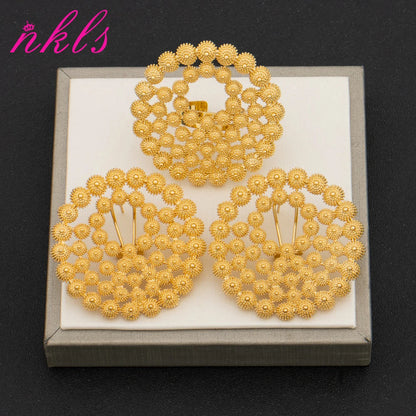 women italian luxurious earrings ring jewelry set bridal party jewelry set Elegant Gold-Tone Hollow Hoop Earrings Ring Set gift